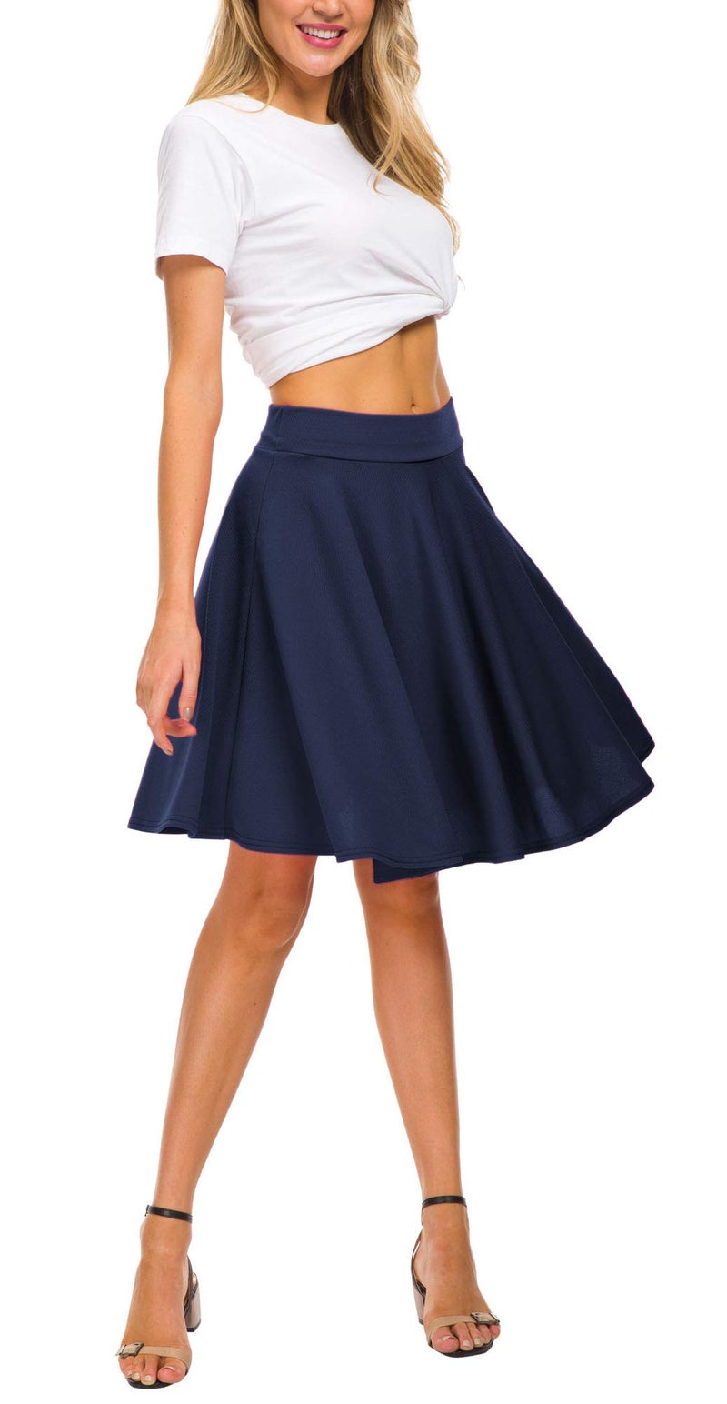 EXCHIC Women's Casual Stretchy Flared Midi Skater Skirts Basic A-Line Pleated Midi Skirt (XL, Navy) - Image 3